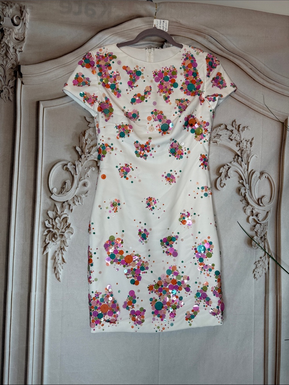 TONY WARD White Sequin Dot Mini Dress with Multicolor Accents